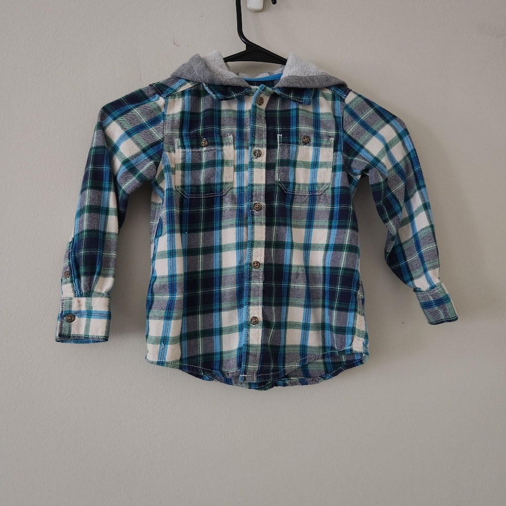 Carters Plaid Kids Shirt with Hood Size 4T Flannel Buttonup